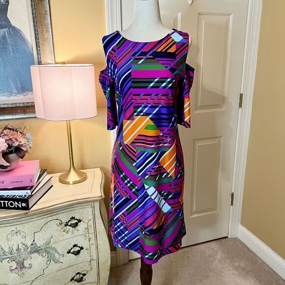 NWOT Jude Connally Natalie Cold Shoulder Colorful Abstract Print Dress Sz SMALL - Picture 1 of 2